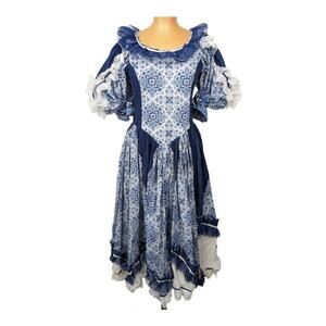 Colonial Dress Short Sleeve Full Skirt Blue White Prairie Cottage Festival Sz S